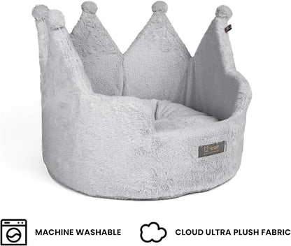 NANDOG Crown Dog Bed for Small Dogs & Cats – Soft Plush Round Pet Bed, Cozy Royal Design, Comfortable Indoor Puppy Bed for Crate or Kennel, Light Gray, Medium