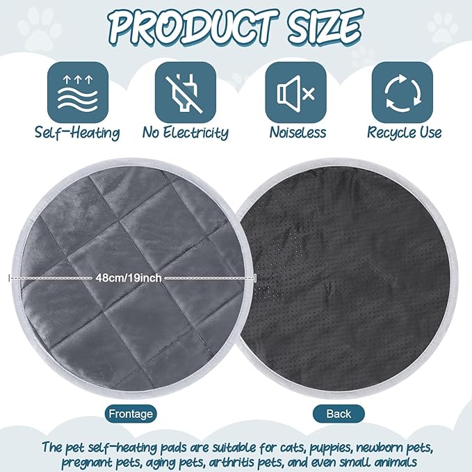 Drydiet 2 Pcs Self Warming Cat Mat Round Self Heating Pad Bed Reversible Machine Washable Heated Bed Anti Slip Warming Pad Pet Mat for Cat Crate Indoor Outdoor(Gray,19 Inch)