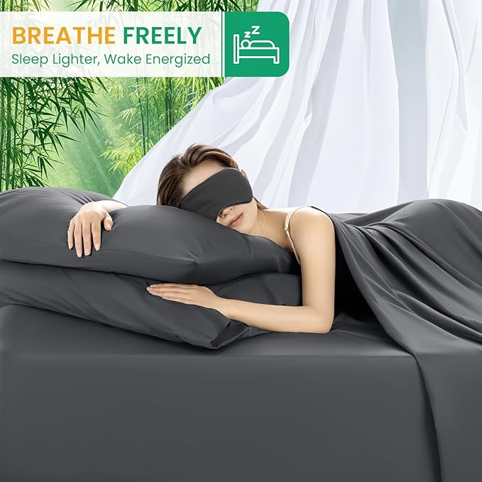SONORO KATE 100% Viscose Derived from Bamboo_Sheets King Size, Ultra Breathable & Cooling Bed Sheets for Hot Sleepers, Hotel Luxury Silky Bedding Sheets, 16" Deep Pocket - 4PC (Dark Grey,King)