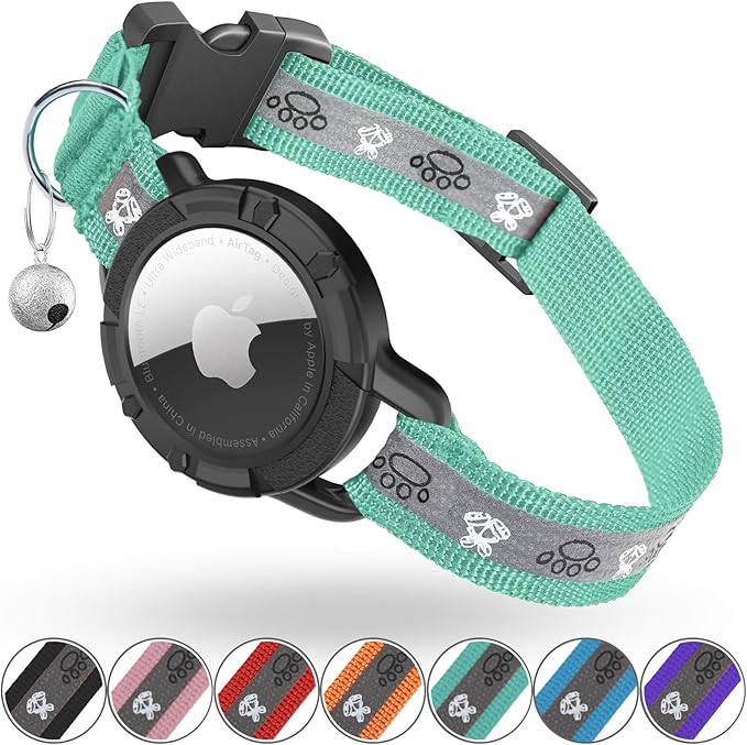 Reflective AirTag Cat Collar, Integrated Cat Tracker Collar with Air Tag Holder and Bell, Safety Elastic Band Cat GPS Collars for Girl Boy Cats, Kittens and Puppies (Green,S)