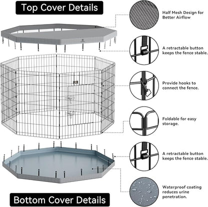 PJYuCien Dog Playpen with Top Cover and Bottom Pad - Metal Foldable Exercise Pen, 8 Panels 42" H x 24" W Indoor Outdoor Pet Fence Puppy Crate Kennel, Gray