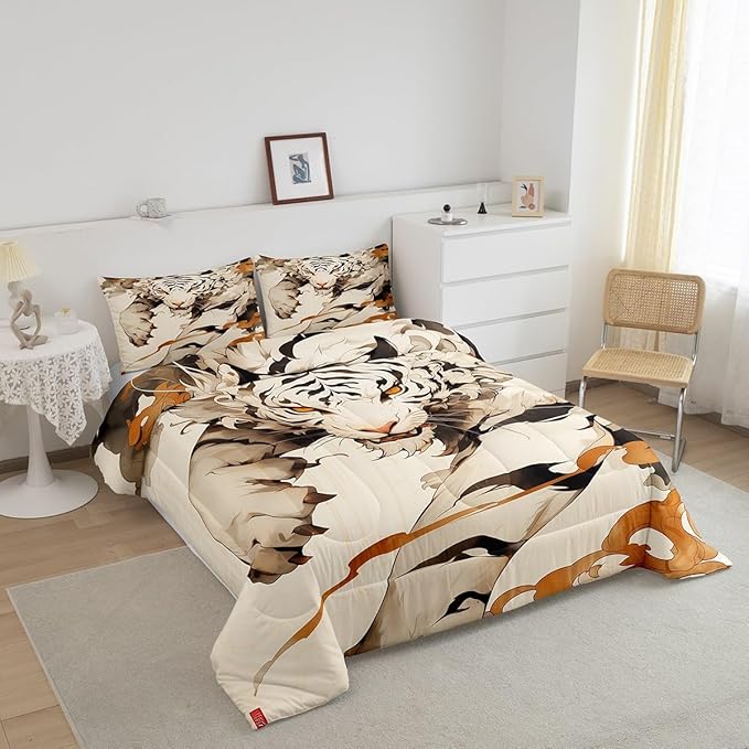 Erosebridal Tiger Comforter Set King Woodland Wild Animal Bedding Set Oriental Japanese Style Down Comforter 3D Cartoon Quilted Comforter Youth Teenage Beige Room Decoration Microfiber 3pcs
