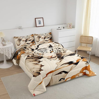 Erosebridal Tiger Comforter Set King Woodland Wild Animal Bedding Set Oriental Japanese Style Down Comforter 3D Cartoon Quilted Comforter Youth Teenage Beige Room Decoration Microfiber 3pcs