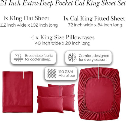 Southshore Fine Living, Inc. Extra Deep Pocket California King Sheets Set, 6-Piece Premium Bed Sheets with 21" Deep Pocket Cal King Fitted Sheet, Oversized Flat Sheet, 4 Pillowcases, Chili Pepper Red
