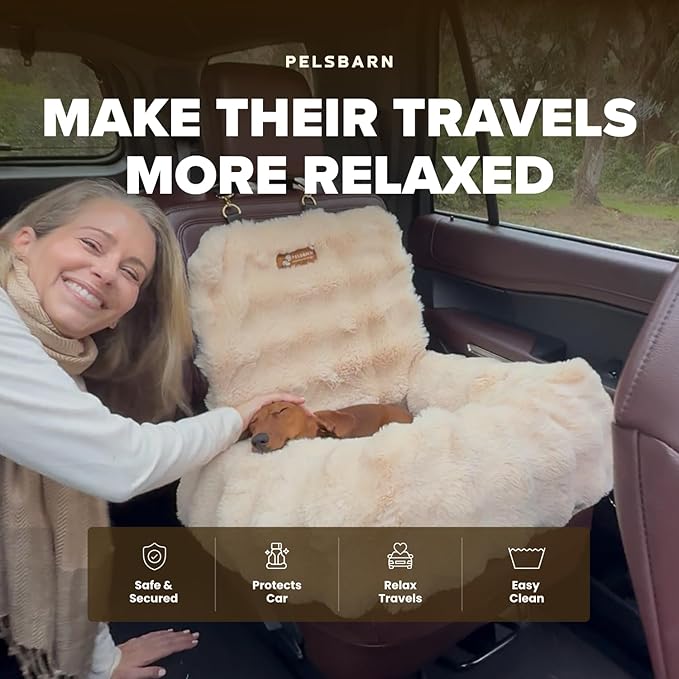 Pelsbarn Luxurious Cozy Car Bed - X-Small Luxury Travel Dog Bed with Safety Belt - Ultra Soft Faux Fur - Beige