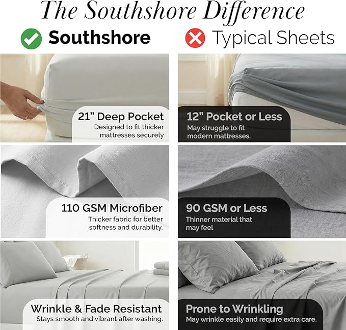Southshore Fine Living, Inc. 21-Inch Extra Deep Pocket Queen Sheet Set 6 Piece for Tall Mattress, Pet Hair Resistant Bedding, Microfiber Queen Size Sheets, Breathable Easy Care, Light Grey Sheets