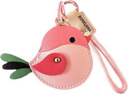 Leather Keychain Holder Case Compatible with AirTag,Cute Protective Cover with Keyring and Lanyard,Anti-Scratch Finder GPS Tracker Case for Wallet Keys,Bag,Pets,Backpack(Pink Bird)