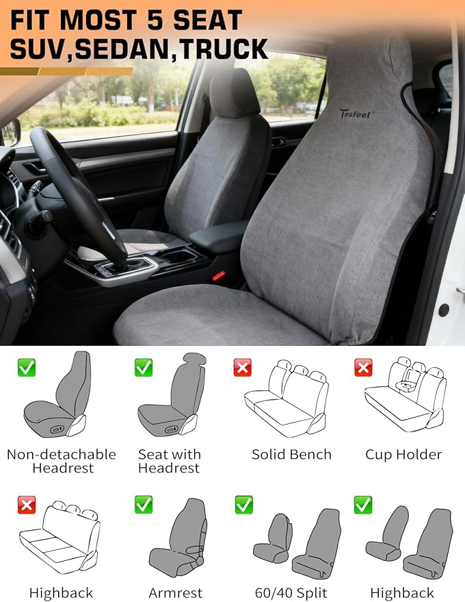 Car Seat Cover Towel 2PCS, 1200g Ultra-Thick Absorbent Terry Cloth Seat Protector for Post-Gym Sweat & Beach, Universal Fit for Sedans SUV Minivans, Machine Washable Interior Protection (Gray)