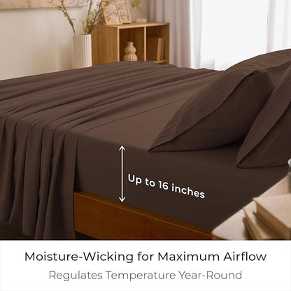 Mellanni California King Sheet Set - 6-Piece Iconic Collection Bedding, (Including 4 Pillowcases), 16-Inch Deep Pocket, Easy Care, Extra Soft, Cooling Sheets, Brushed Microfiber - Brown