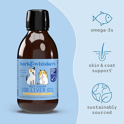 Dr. Mercola Bark & Whiskers Wild Alaskan Cod Liver Oil for Dogs & Cats, Omega-3s, Vitamin E, Skin and Coat, Joint Health, Veterinarian Formulated, Non-GMO - 6.8 Fl. Oz. (200 mL)