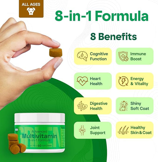 8-in-1 Advanced Multivitamin for Dogs - Omega-3, Joint & Bone Support, Skin & Coat Health - Dog Vitamins & Probiotics for Digestion - Dog Supplies Chicken Flavored 60 Soft Chews