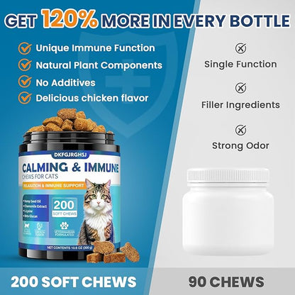 Cat Calming Treats, 200 Calm Soft Chews to Soothe Stressed Cats Anxiety Relief Reduce Stress & Promote Relaxation Immune Support Chicken Flavored