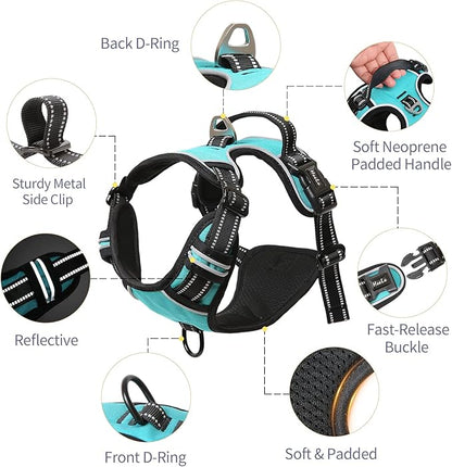 HEELE Dog Harness, No Pull Adjustable Padded Reflective Harness for Small Medium Large Dogs with Handle for Walking Training, Turquoise, XL