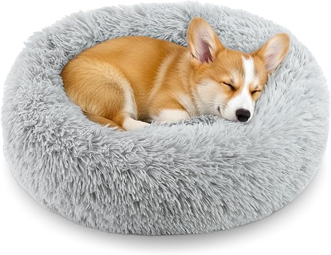 Calming Anti-Anxiety Donuts Dog And Cat Bed, Round Fluffy Soft Washable Pet Bed For Small Medium Dogs And Cats, Cuddler Warming and Comfortable Cushion, Luxury Anti-Slip Waterproof Mute Base 24in Gray