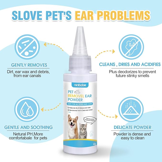 Dog Ear Care Kit - Professional Ear Powder for Hair Removal (42g) with Grooming Hemostat - Effective Solution for Smelly Ears, Wax Buildup