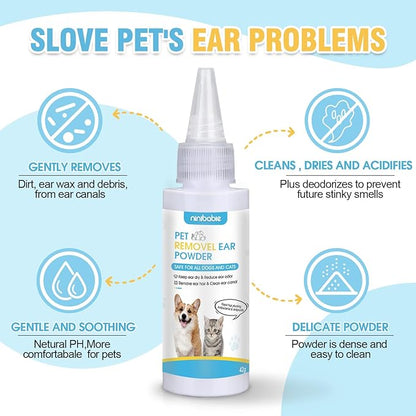 Dog Ear Care Kit - Professional Ear Powder for Hair Removal (42g) with Grooming Hemostat - Effective Solution for Smelly Ears, Wax Buildup