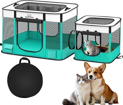 Portable Cat Pet Playpen, Foldable Cat & Small Dog Indoor/Outdoor Tent with Waterproof Base, Lockable Zippers, 600D Oxford 12-Rods 32"x24"x22" for Kitten Puppy