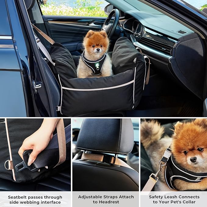 ZOMISIA Dog Car Seat for Small to Medium Dogs - Waterproof Pet Booster Seat for Car with Clip-On Safety Leash, Travel Carrier for Puppy up to 25 lbs, Memory Foam Filling & Adjustable Buckles, Grey