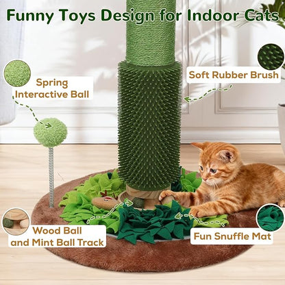 Cat Scratching Post, 40" Tall Palm Tree Scratch Post for Cats, Sisal Scratching Posts for Indoor Cats Adults with Hanging Cat Toys, Self-Grooming Brush, Snuffle Mat and Interactive Wooden Ball Track