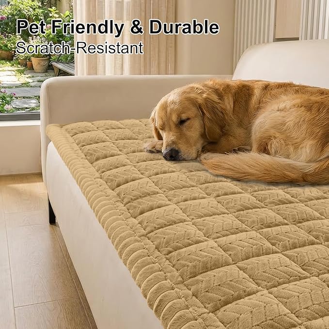 Smiry Non Slip Couch Covers for Dogs, Fuzzy Pet Couch Covers for 3 Cushion Sofa Pet Friendly, Soft Sofa Slipcovers Cushion Furniture Protector Washable (Camel, 27.6" x 82.7")