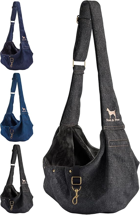 Noah & Paw Dog Sling Carrier for Small Dogs 3-10lb, Dog Sling for Small Dogs and Cats, Dog Carrier with Adjustable Padded Strap, Premium Denim, Lined with Fur, Double Safety Feature, Machine Washable