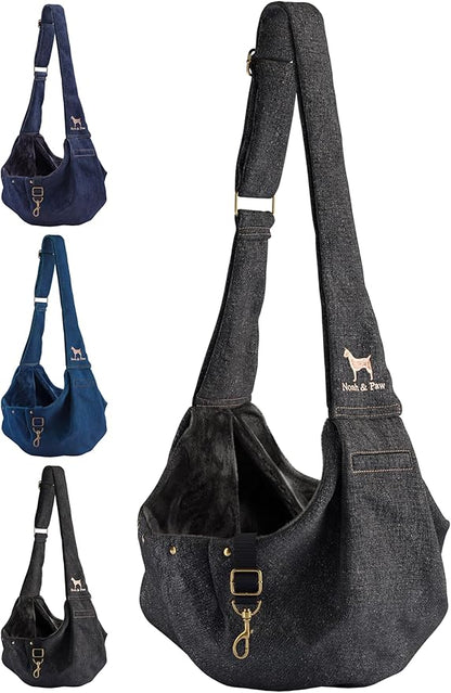 Noah & Paw Dog Sling Carrier for Small Dogs 3-10lb, Dog Sling for Small Dogs and Cats, Dog Carrier with Adjustable Padded Strap, Premium Denim, Lined with Fur, Double Safety Feature, Machine Washable