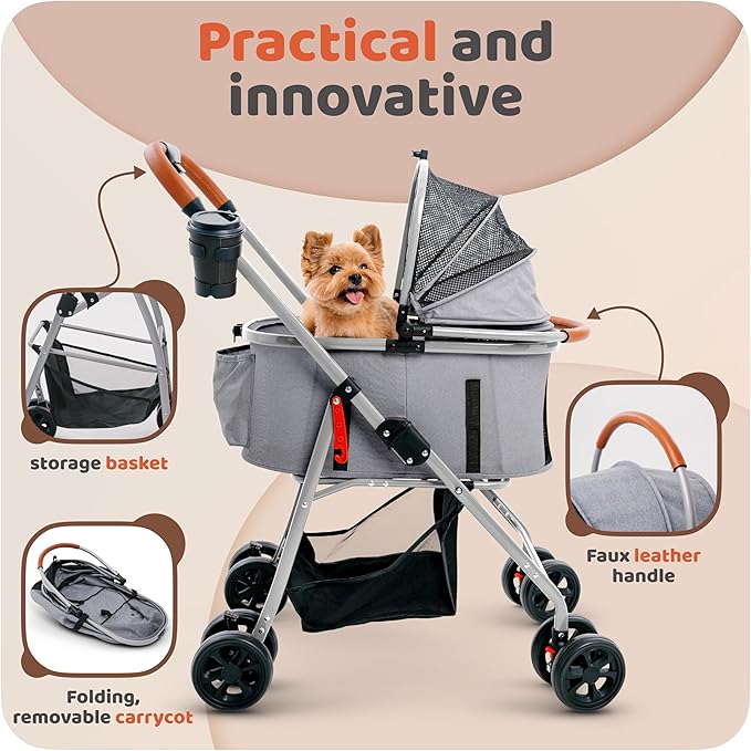 Pet Stroller for Small Medium Dogs & Cats – 2-in-1 Detachable Carrier, Zipperless Entry, Lightweight Folding Travel Stroller with Storage Basket, Cup Holder, Gray