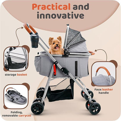 Pet Stroller for Small Medium Dogs & Cats – 2-in-1 Detachable Carrier, Zipperless Entry, Lightweight Folding Travel Stroller with Storage Basket, Cup Holder, Gray