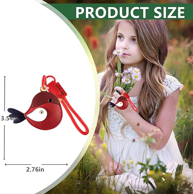 Leather Keychain Holder Case Compatible with AirTag,Cute Protective Cover with Keyring and Lanyard,Anti-Scratch Finder GPS Tracker Case for Wallet Keys,Bag,Pets,Backpack(Red Bird)