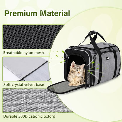 Pecute Cat Carrier Expandable, Extra Large Pet Carrier Bag, Foldable Cat Carrier Bag with Breathable Mesh, Pet Carrier Transport Bag for Dogs and Cats, with Shoulder Strap and Pet Bowl