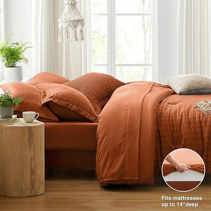 Love's cabin Seersucker Terracotta King Size Comforter Set, 7-Piece All Season Lightweight Bed in a Bag Bedding Set with Comforter, Flat Sheet, Fitted Sheet, Pillowcases and Shams | Soft, Breathable, Lightweight