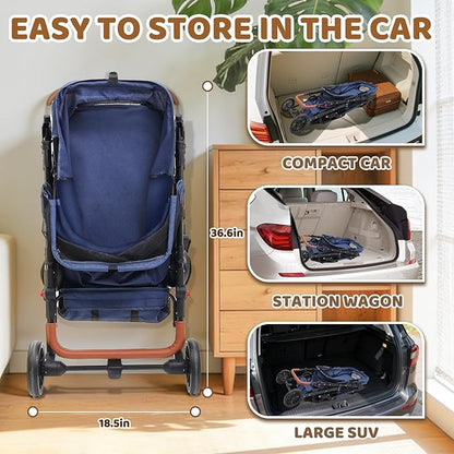 All-Terrain Pet Stroller for 2 Small Dogs/Cats, Heavy Duty 4-Wheel Dog Stroller for Medium Dogs up to 20 lbs, Foldable Pet Pram with Storage Basket, Cup Holder, Adjustable Handle & Weatherproof Cover