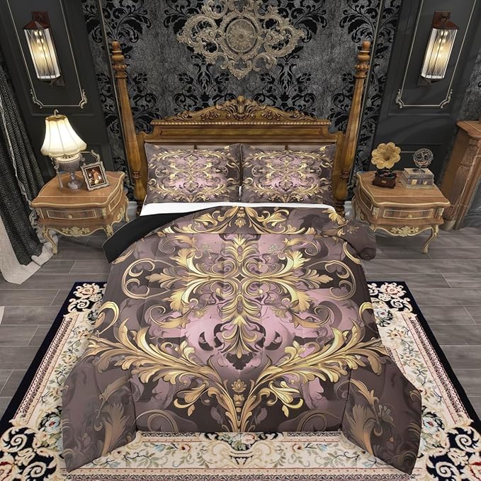 Erosebridal (Just Print Damask Full Size Bedding Set, Retro Vintage Flowers Paisley Comforter Set for Women Men Adults, Hippie Bohemian Duvet Quilt Sets, Tribal Exotic Victorian Bed Sets
