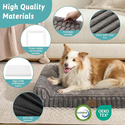 COZY KISS Extra Large Dog Bed, Faux Rabbit Fur Orthopedic Foam Dog Bed with Sides, Removable Washable Cover & Waterproof Lining, Comfortable Pet Couch for Dogs, Grey (48" L x 35" W x 7.5" Th)