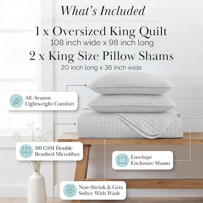Southshore Fine Living, Inc. Oversized Quilt King Size Set, Grey Bedspread King/California Size with 2 Matching Pillow Shams, Soft Microfiber Coverlet, Easy Care, Machine Wash, Light Grey
