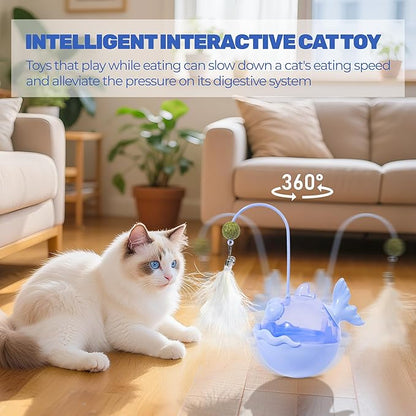 Cat Interactive Toys,Wobble Kitten Treat Dispensing Ball with Catnip and Feathers, Indoor Puzzle Slow Feeding, Cats Treat Dispenser Kicker Toy for Large, Medium and Small Cats (Blue, Fish