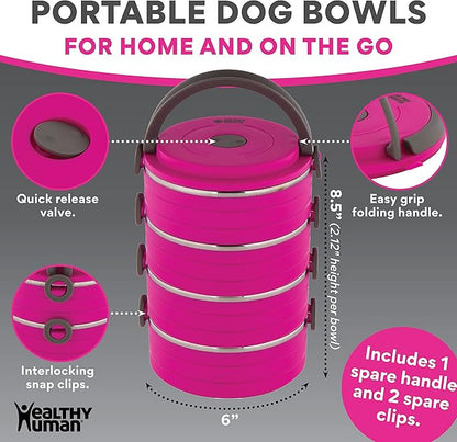 Healthy Human Travel Pet Bento Bowls - Human-Grade Stainless Steel & BPA-Free, Leak-Proof Water & Food Container Set for Dogs & Cats, 4-Pack Interlocking Bowls, Includes Spare Clips & Handle (Pink)