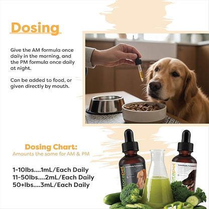 RestoraPet Organic Pet Antioxidant and Multi-Vitamin Supplement Dogs and Cats | Bacon Flavored Combo AM/PM Pack | Promotes Healthy Joints | Turmeric Curcumin CoQ10 | 2oz Liquid Drop Bottles