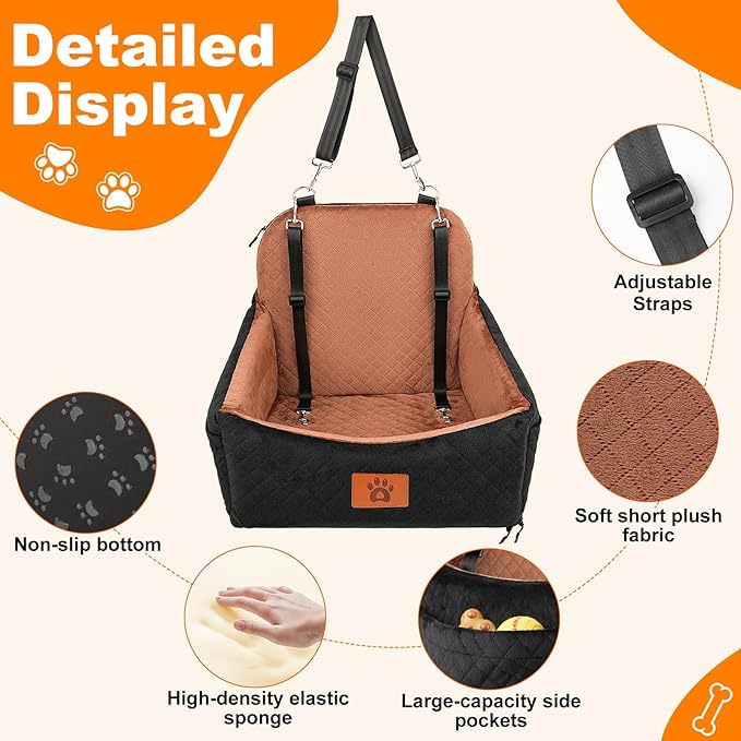 Small Dog Car Seat for Small Dogs Under 30 lbs, Memory Foam Pet Car Seat with Joint Relief & Washable Cover, Portable Travel Bed for SUV/Sedan (Black/Grey)