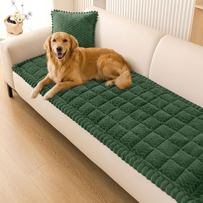 Smiry Non Slip Couch Covers for Dogs, Fuzzy Pet Couch Covers for 3 Cushion Sofa Pet Friendly, Soft Sofa Slipcovers Cushion Furniture Protector Washable (Dark Green, 27.6" x 82.7")