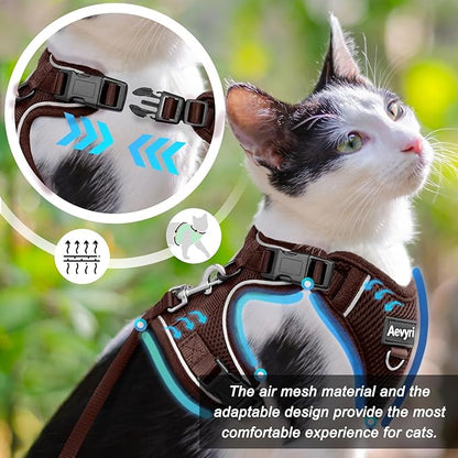 Cat Harness and Leash Set - Escape Proof Adjustable Cat Harness, Comfortable Soft Lightweight, Use Safe & Easy, Walking Travel Kitten Harness for Small Medium Large Cats, Brown, L