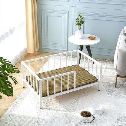OSCHF Dog Bed with Rails - Elevated Pet Metal Bed Frame with Solid Wood Board and Washable Soft Mat for Medium Dog Indoor or Outdoor Use, 25.2" x 37.8", White