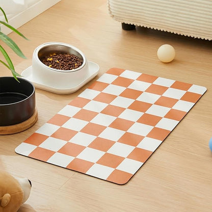 Ralxion Checkered Dog Feeding Mat, Absorbent Mats for Dog Food and Water Bowl, Dispenser, Aesthetic Orange Checkerboard Pet Placemat for Dogs, Cats, Puppy Accessories (Orange, 12 x 19)