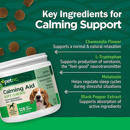 Petnc Calming Aid Soft Chews for Dogs (120 Count), For Dogs of All Sizes, Helps Promote Calmness & Relaxation, Calming Chews for Travel, Grooming, & Separation Support, Liver Flavor