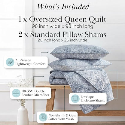 Southshore Fine Living, Inc. Paisley Quilt Queen Size Bedding Set, Full Size Quilted Coverlet, Boho Bedspreads Queen Size Set with Two Matching Pillow Shams, Full/Queen, Reversible Blue