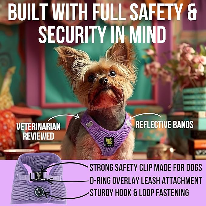 EcoBark Premium Quality Step in Dog Harness - Teacup Dog Harnesses - Perfect Puppy Harness - Luxury Soft Mesh Step in Vest - No Pull Mini Body Halter - Toy Breed Harnesses (XXXS, Lavender)