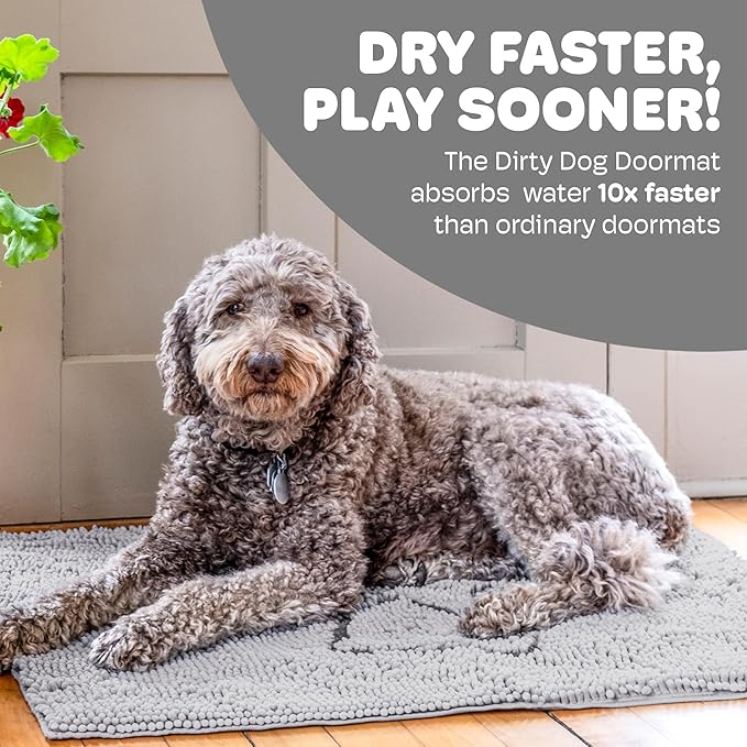 Dog Gone Smart Dirty Dog Doormat - Fast Drying Plush Mat with Super Gripper Backing for Clean Floors - Super Absorbent and Machine Washable Mat for Muddy Paws - Silver Grey