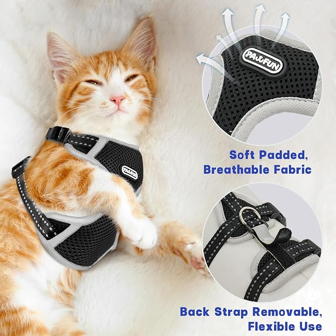 Cat Harness for Walking, Escape Proof Cat Harness and Leash Set with Reflective Strip, Adjustable Cat Leash Breathable Soft Vest for Small to Large Cats, BlackGrey, S