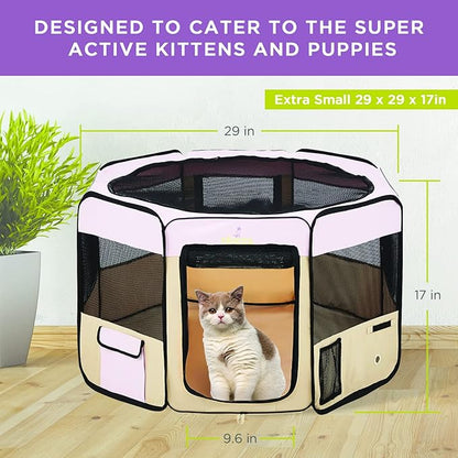 Zampa Puppy Pop Up Portable Playpen for Dog and Cat, Foldable | Indoor/Outdoor Kitten Pen & Travel Pet Carrier + Carrying Case (Pink, Extra Small (29"x29"x17"))