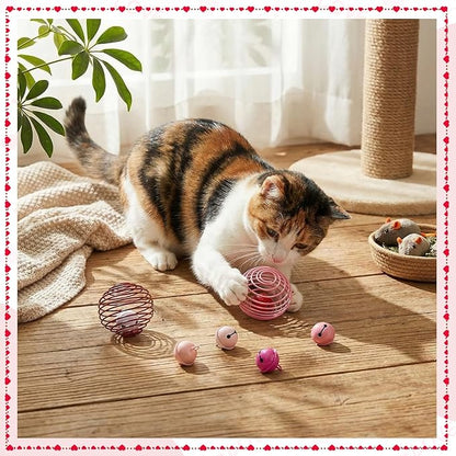 Jecery 5 Pcs Cat Spring Balls Toys Stretchable Rolling Balls Colorful Playful Coils Interactive Action Toy Caged Rats for Kitten Pet Supplies (Bell,Pink Red)